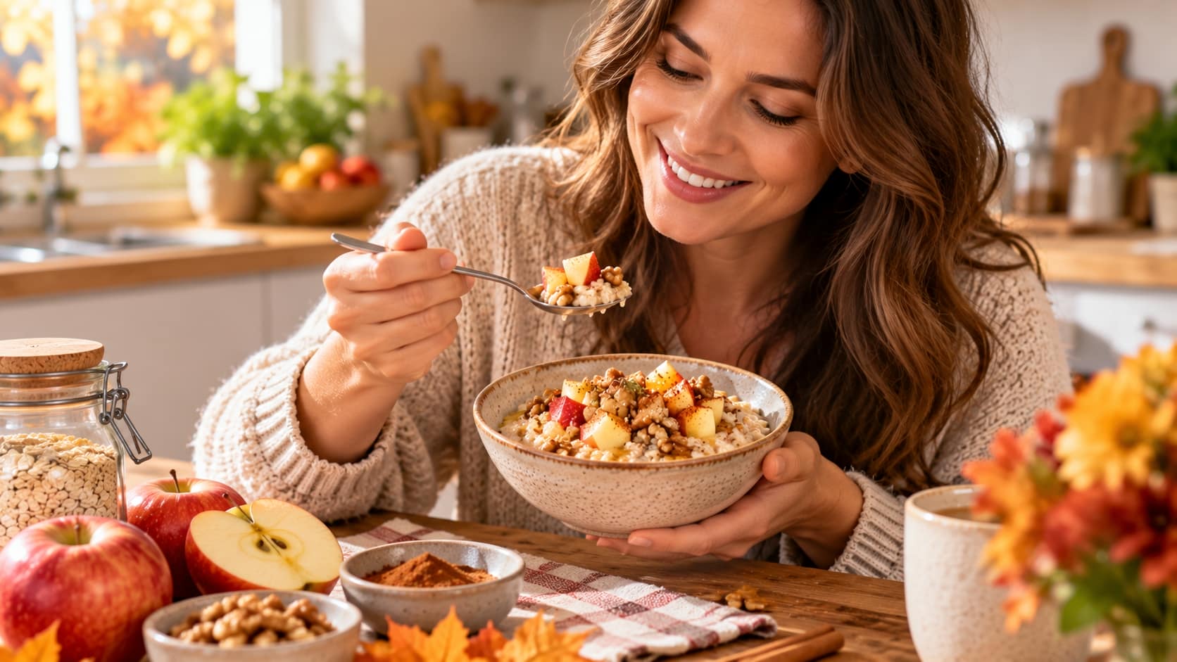 Ältere Frau geniesst ein ausgewogenes Frühstück in einer gemütlichen Herbstküche – Ernährung und psychisches Wohlbefinden